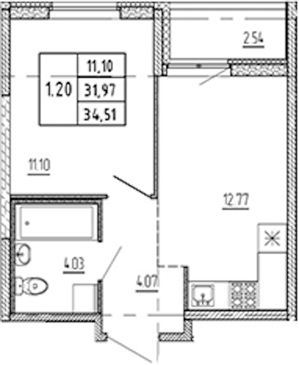 1-комнатная квартира 31.97 м², 3/22 эт., ЖК «Новые горизонты 2»